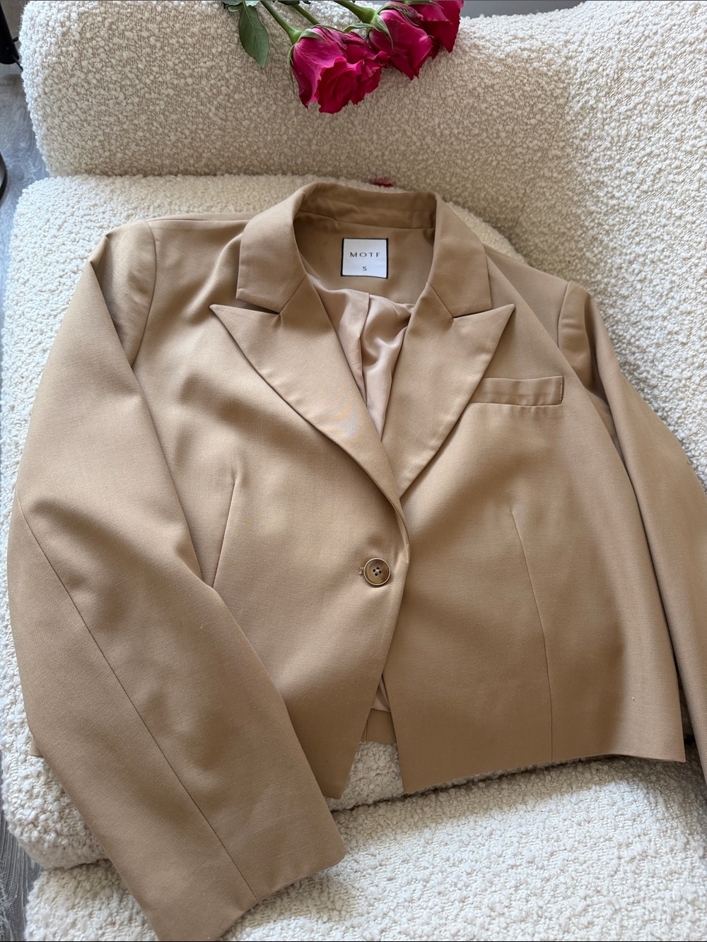 MOTF Cropped Beige Blazer Jacket - Single Button Tailored Blazer